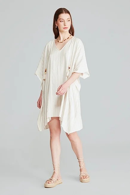 Gusto Çizgili Keten Dokulu Kimono - Ekru görsel 4