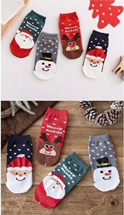 Worthy Socks Yılbaşı Desenli Kadın Patik Çorap 4 Çift Örme Çok Renkli Yıkamalı Bilek Çoraplar görsel 3