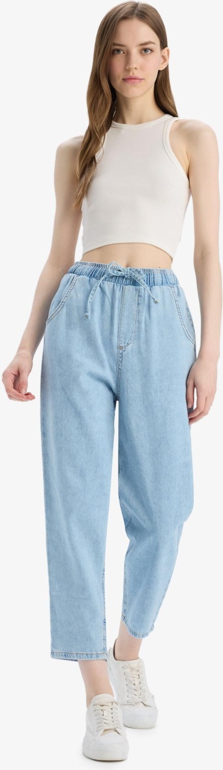 DeFacto Pull On Paperbag Yüksek Bel Düz Paça Uzun Yumuşak Jean Pantolon E0733AX25SM görsel 2