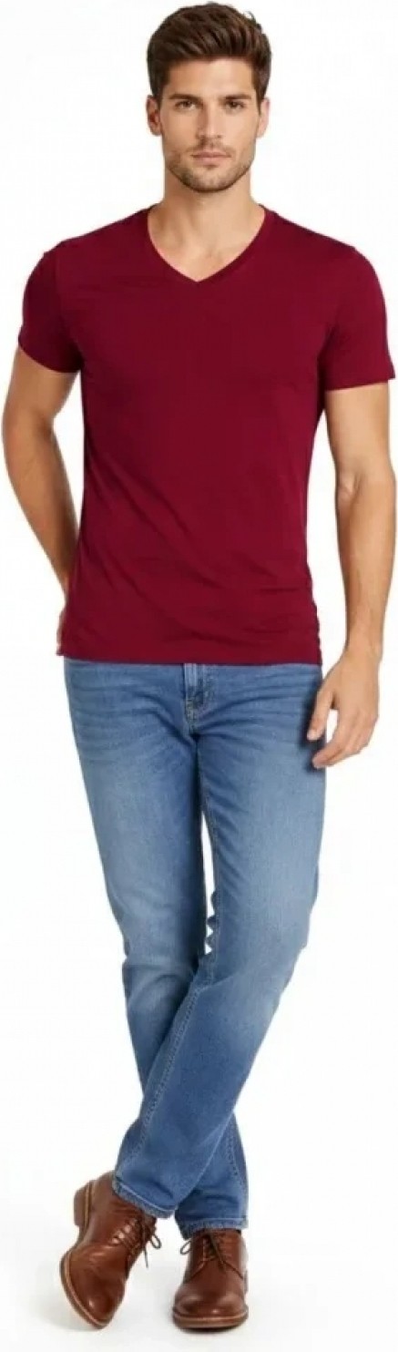 Pileli Store Erkek T-Shirt V Yaka Slim Fit Dar Kesim Likralı Tişört Günlük Basic Body - Bordo görsel 3