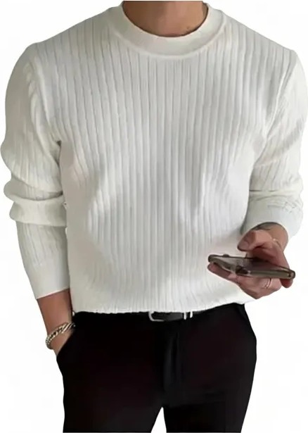 Tarz Cool Erkek Slim Fit Triko Kazak Beyaz Renk Bisiklet Yaka Uzun Kol Casual Stil