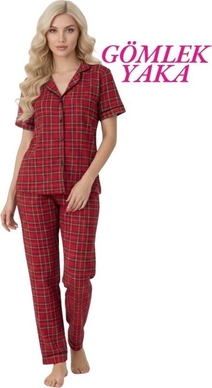 Guava Kadın Kırmızı Ekose Desenli Slim Fit Gömlek Yaka Önden Düğmeli Dar Kalıp Kısa Kol Pijama Takımı