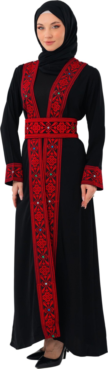 Zaytoon Ferace Filistin Geleneksel Nakışlı Uzun Siyah Abaya Kırmızı Renkli görsel 5