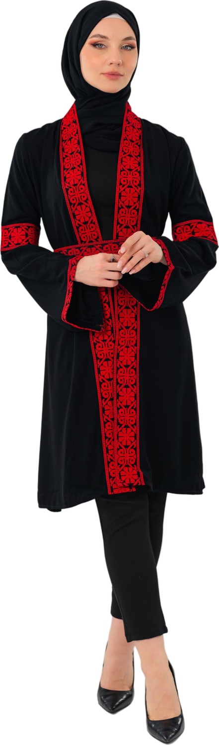Zaytoon Tesettür Kaban Filistin Nakışlı Kırmızı Siyah Kısa Kaban Abaya Kadın görsel 8