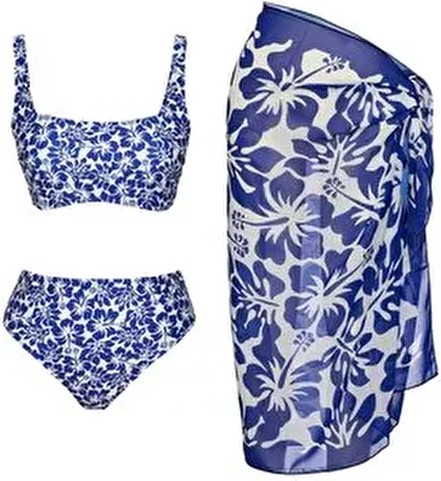Sailor Moda Kadın Straplez Askılı Bikini Takım Çiçek Desenli Dokuma Pareolu Mavi Renk