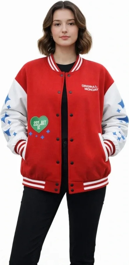 Veraura Lifestyle Kırmızı Varsity Çıtçıtlı Baskılı Oversize Kalıp Kolej Ceket - Kırmızı görsel 4