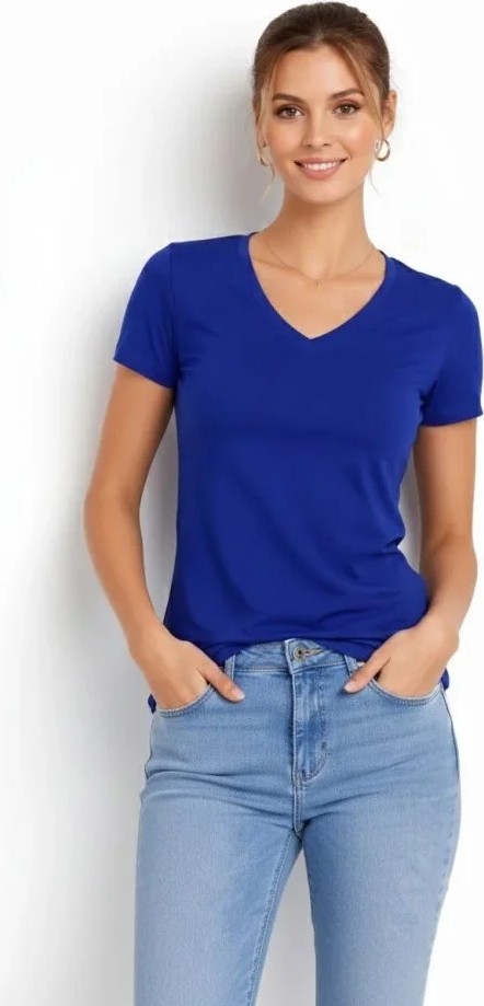 Veraura Lifestyle T-Shirt V Yaka Slim Fit Likralı Tişört Günlük Basic Body - Indigo görsel 3