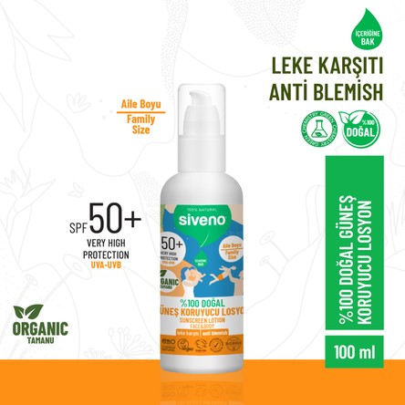 Siveno %100 Doğal ve Organik Tamanu Yağlı Güneş Losyonu Mineral Filtreli Tüm Aile İçin SPF 50+ UVA UVB 100 ml