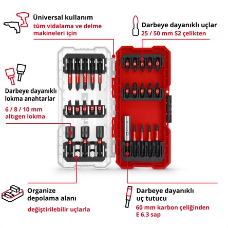 Einhell S-CASE 28 Parça Darbeye Dayanıklı Bits Uç Seti (25 Mm Uçlar, 50 Mm Uçlar, 60 Mm Uç Tutucu, Lokmalar Dahil Saklama Kutusu)
