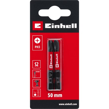 Einhell Orijinal Einhell Darbeli Bit Seti, 2 Parça, 50 mm, PH3 (S2 Çelik, Torsiyon Bölgesi, Verimli Güç Aktarımı, Kırmızı Renk Halkası, E 6.3 Sap) - 49131180