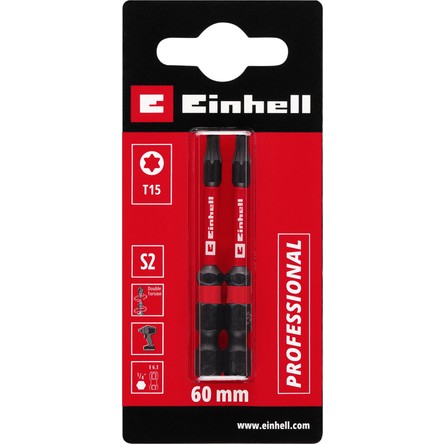 Einhell Orijinal Einhell Çift Torsiyonlu Darbeli Bit Seti, 2 Parça, 60 mm, T15 (S2 Çelik, Yüksek Dayanıklılık, Çift Torsiyon Etkisi, Kırmızı Renk Halkası, E 6.3 Sap)