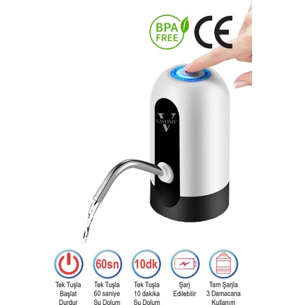 Vayomy Şarjlı Otomatik Damacana Su Pompası 1200 mAh Bataryalı (Bpa Içermez, CE Belgelidir)