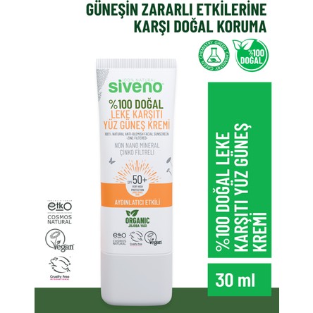 Siveno %100 Doğal Yüz Güneş Kremi Leke Karşıtı Aydınlatıcı Çinko Mineral Filtre SPF 50+ UVA UVB 30 ml