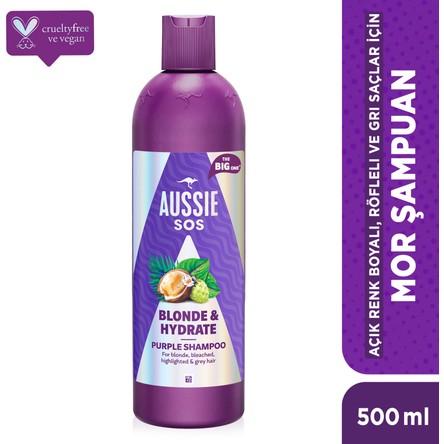 Aussie Sos Blonde & Hydrate Açık Renk Boyalı, Röfleli ve Gri Saçlar Için Mor Şampuan 500ML