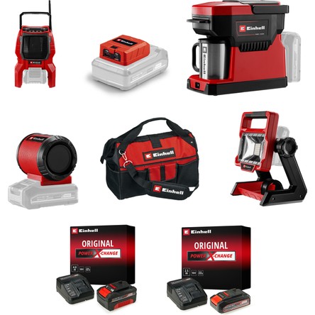 Einhell TC-RA 18 Li BT + TE-CL 18/2000 LiAC + TE-CF 18 Li + TC-SR 18 Li BT + TC-CP 18 Li USB A/C - Akülü Kampçı Seti (2,5 Ah Akü ve Şarj Cihazı,4,0 Ah Akü ve Şarj Cihazı ve Çanta Dahildir)