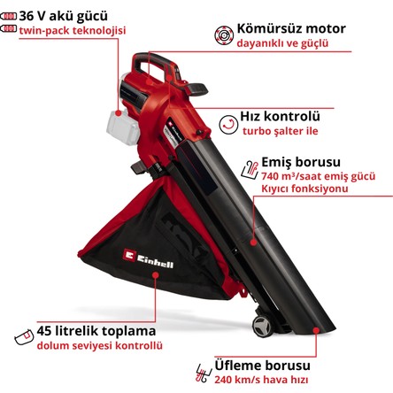 Einhell Professional Akülü Yaprak Toplama ve Üfleme VENTURRO 36/240 Power X-Change (36 V, Li-Ion, 740 m³/h Emiş Gücü, 45 L Toplama Haznesi, 240 km/h Üfleme Fonksiyonu) - 3433640