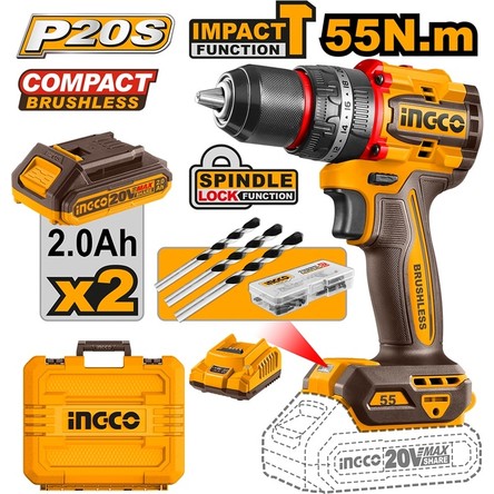 Ingco Darbeli Matkap Seti 13 mm 20V 2X2.0AH CIDLI20558E