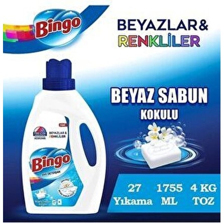 Bingo Sıvı Deterjan Beyaz Sabun 1755 ml 27 Yıkama Beyaz ve Renkli Giysiler İçin Etkili