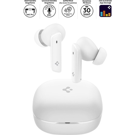Spigen Audio TWS P20 Bluetooth Kablosuz Kulaklık - ANC Pro Aktif Gürültü Engelleme + ENC 6 Mikrofon - 10mm LCP Graphene Sürücü - 30 Saat iOS & Android EQ App Şeffaf & Gaming Mod iPX5 Beyaz - ASD07964