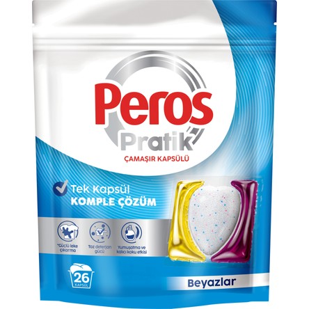 Peros Pratik Beyazlar 26'lı Çamaşır Kapsülü Kalıcı Koku ve Güçlü Leke Çıkarma Özelliği ile