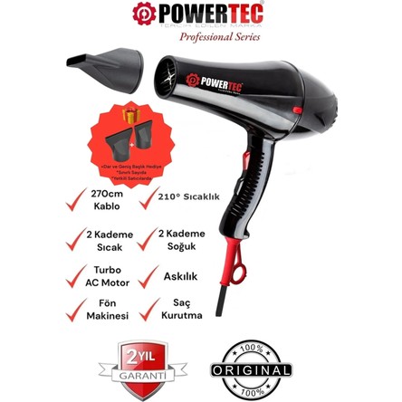 Powertec TR-901 Turbo Professional Series Fön Makinesi & Saç Kurutma 2500w Performans
