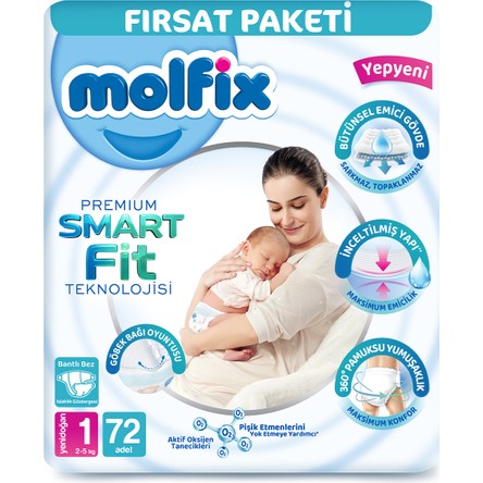 Molfix Premium Smart Fit Fırsat Paketi 1 Beden Yenidoğan 72 Adet