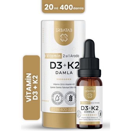 Erbatab Vitamin D3 K2 2'si 1 Arada Damla 20 ml 400 Damla Temiz İçerik ile Güçlü Destek