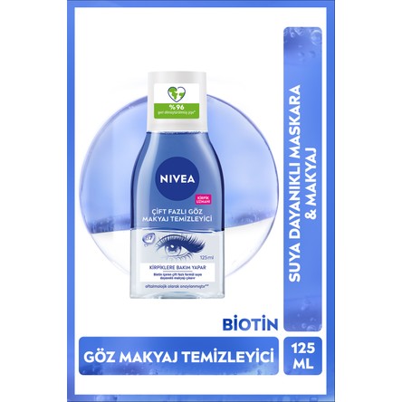 Nivea Çift Fazlı Suya Dayanıklı Göz Makyaj Temizleyici 125ml, Biotin, Kirpik Bakımı, Hassas Cilt, Maskara Temizleyici
