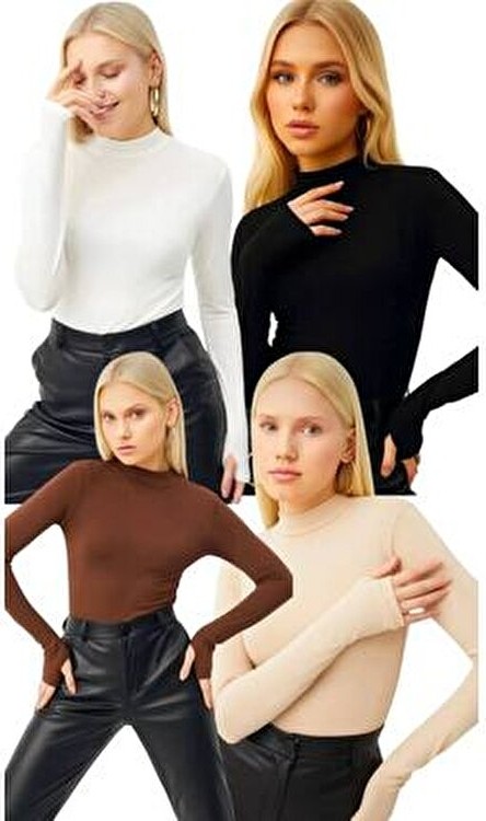 Hashtag Kadın Balıkçı Yaka Parmak Detaylı Body 4'lü Set Viskon Kumaş