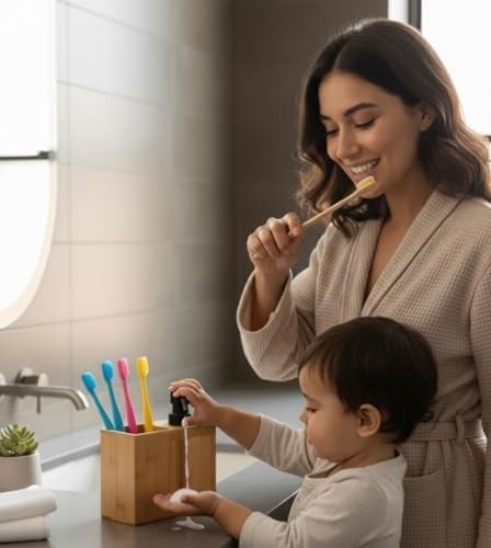 Barotti Bambu 2'li Banyo Seti, Mat Siyah Detaylı Sıvı Sabunluk ve Diş Fırçalık, Modern Tasarım, Doğal Bambu Malzeme, Tezgah Üstü Banyo Aksesuarları görsel 3