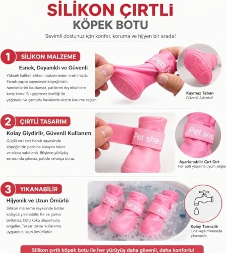 Esranın Dünyası Köpek Ayakkabısı 4’lü Set Su Geçirmez Kaymaz Tabanlı Köpek Botu Küçük Orta Irk Köpekler Için Koruyucu Patik Yağmur Kar Çamur Için Dayanıklı Evcil Hayvan Ayakkabısı Pembe (Medium) görsel 2