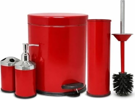 Prime Eko Serisi Ayak Basmalı Özellikli 4' Lü Banyo Seti Çöp Kovası+Kolozet Fırçası+Sıvı Sabunluk+Fırçalık Paslanmaz Kırmızı