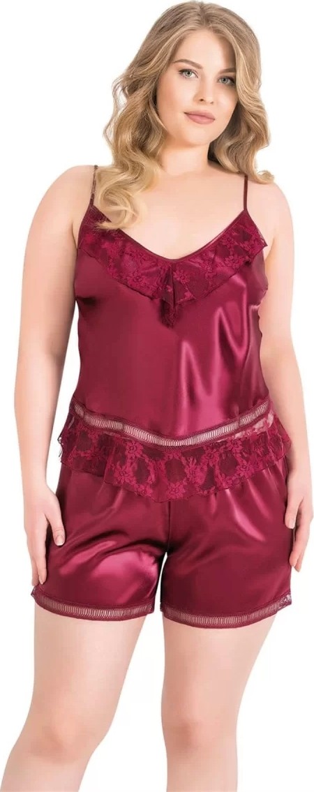 bebekokusu Büyük Beden Bordo Saten Babydoll Şort Takımı