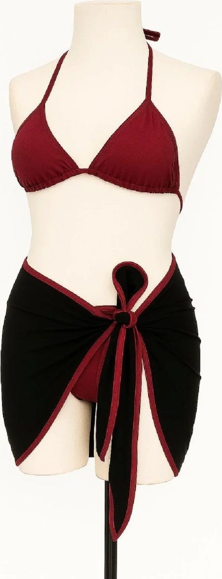 Melonika Kadın Siyah Bordo Pareolu 3’lü Bikini Takımı Yandan ve Boyundan Bağlamalı Pedli Şık Plaj S görsel 3