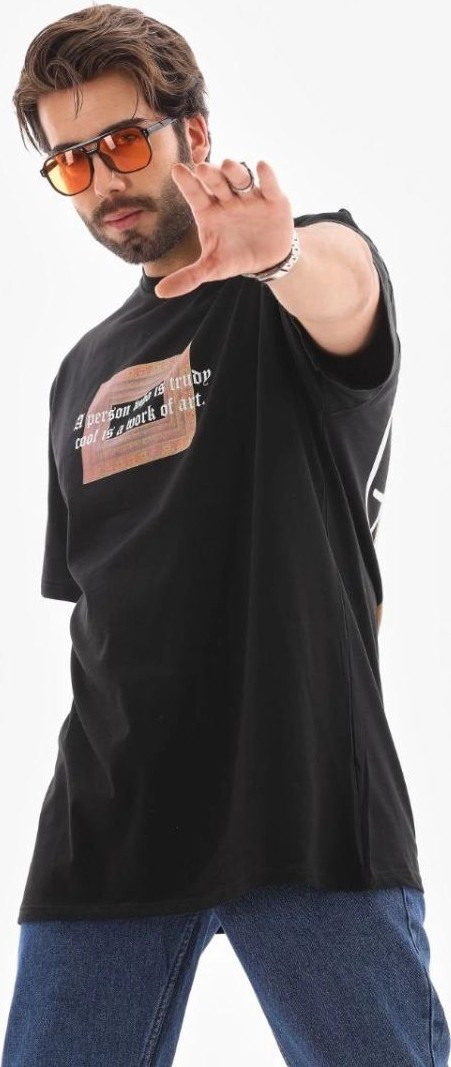 Fantastik Store Erkek Baskılı T-Shirt Kısa Kol Bisiklet Yaka Regular Fit Rahat Kalıp Tişört - Siyah görsel 4