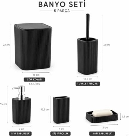 Prime 5 Parçalı Banyo Seti, Mat Siyah, Modern Tasarım, Çöp Kovası, Tuvalet Fırçası, Sıvı Sabunluk, Diş Fırçalık, Sabunluk görsel 3