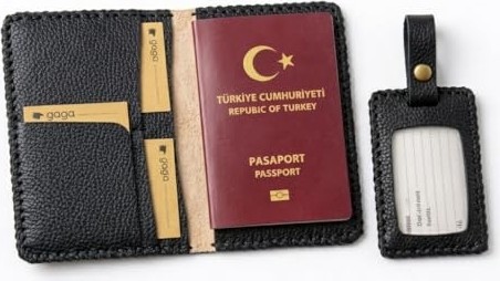 1001 Hakiki Deri Pasaport Kılıfı & Valiz Etiketi Seti, El Yapımı Unisex Pasaport Cüzdan, 4 Ka