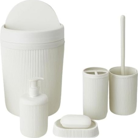 Prime 5’li Banyo Seti, Beyaz Renk, Modern Çizgili Tasarım, Dayanıklı Plastik