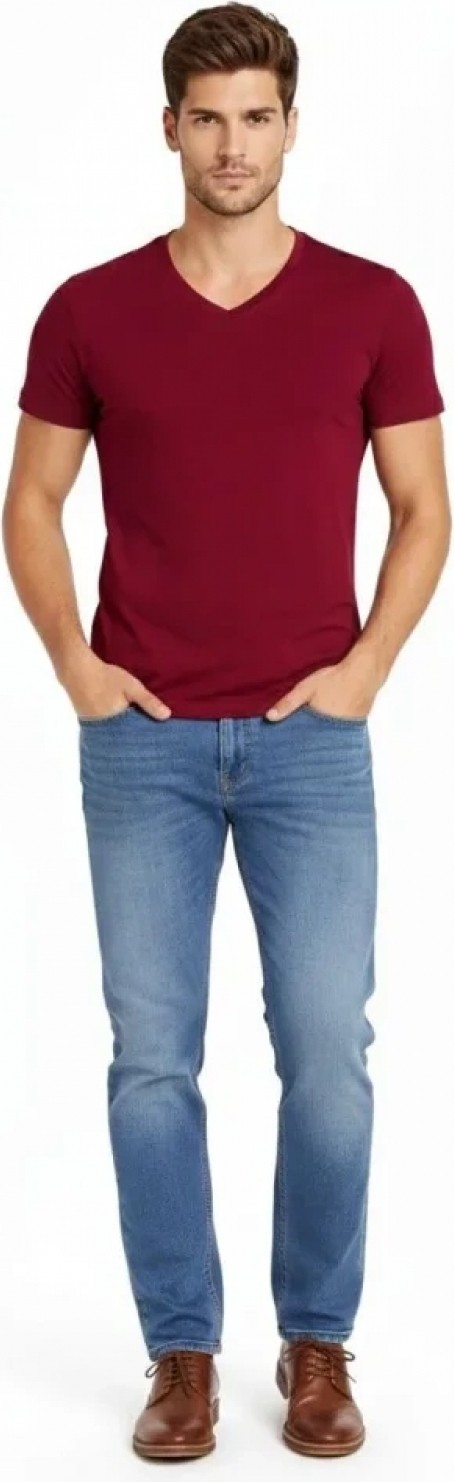 Pileli Store Erkek T-Shirt V Yaka Slim Fit Dar Kesim Likralı Tişört Günlük Basic Body - Bordo görsel 2