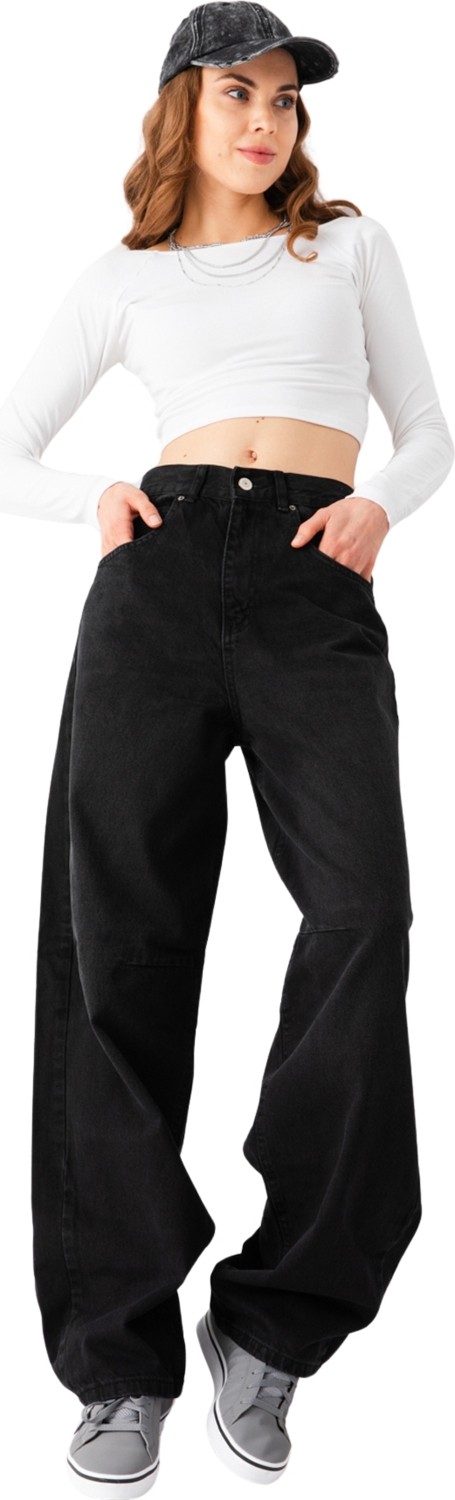 Domoda Toka Detaylı Bol Kesim Geniş Paça Rahat Baggy Jean Kot Salaş Kadın Pantolon @milano
