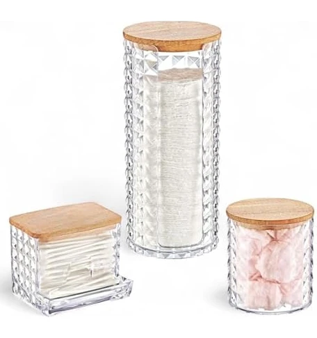 Resim Skygo Ahşap Kapaklı 3'lü Organizer Set, Model Modern Pamukluk Düzenleyici Şık 3'lü Pamukluk Set - Şık ve Fonksiyonel Ahşap Kapaklı 3'lü Organizer Set 