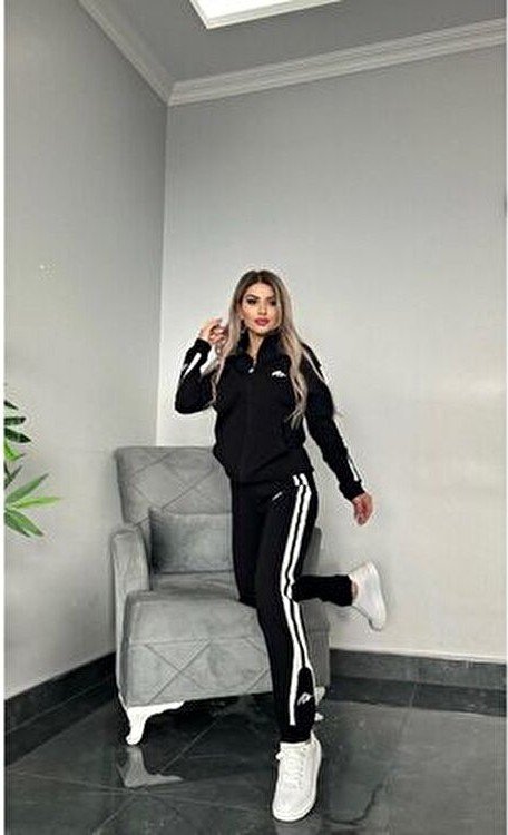 MİMİ LUXURY WEAR Kadın Ikili Eşofman Takımı Fermuarlı Alt Üst Eşofman Takımı Nakışlı 2 Iplik Likra görsel 2