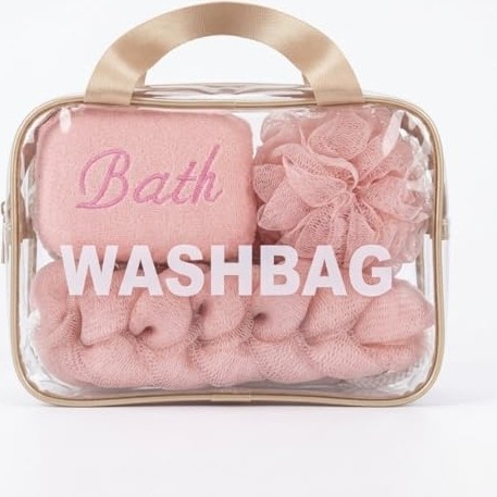 1001 4 Parça Şeffaf Makyaj ve Banyo Çantası Seti - Pembe Banyo Lifi, Sırt Kesesi ve Mikrofiber El Ha görsel 2