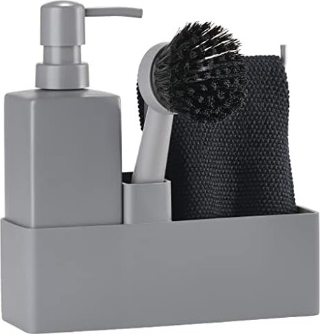 Prime Geschirrspülset, Spülorganizer Mit Seifenspender/spülmittelspender, Spültuch Und Spülbürste, 19 x 6 x 20,5 Cm, Set Mit 4 Teilen, Grau görsel 3
