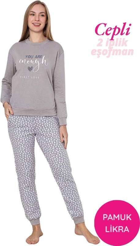 Guava Kadın Gri Kalp Desen Bisiklet Yaka Bilek Manşet 2 İplik Cepli Kışlık Jogger Eşofman Pijama Takımı Homewear