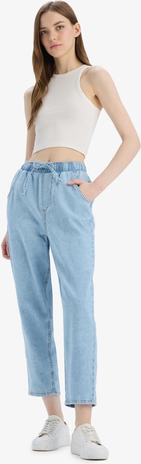 DeFacto Pull On Paperbag Yüksek Bel Düz Paça Uzun Yumuşak Jean Pantolon E0733AX25SM görsel 3