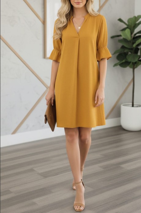 Nake Butik Şık Rahat Kesim Kırmızı V Yaka Volan Kol Elbise