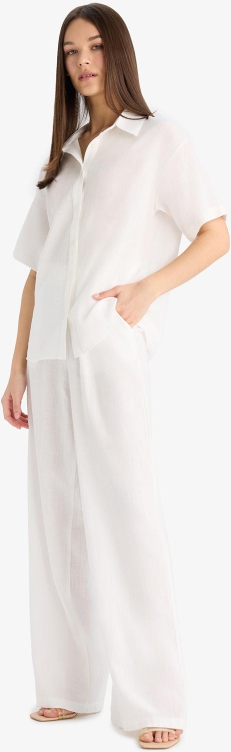 DeFacto Wide Leg Üç Cepli Yüksek Bel Keten Görünümlü Standart Boy Beyaz Pantolon A9129AX25SM görsel 2