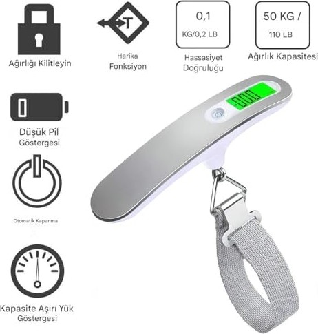 1001 Mallart® Dijital Bagaj Tartısı - 50KG/110LB Kapasiteli Elektronik Hassas Valiz Tartı Cihazı, Lc görsel 4