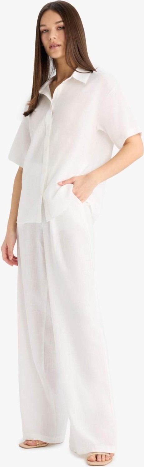 DeFacto Wide Leg Üç Cepli Yüksek Bel Keten Görünümlü Standart Boy Beyaz Pantolon A9129AX25SM görsel 7